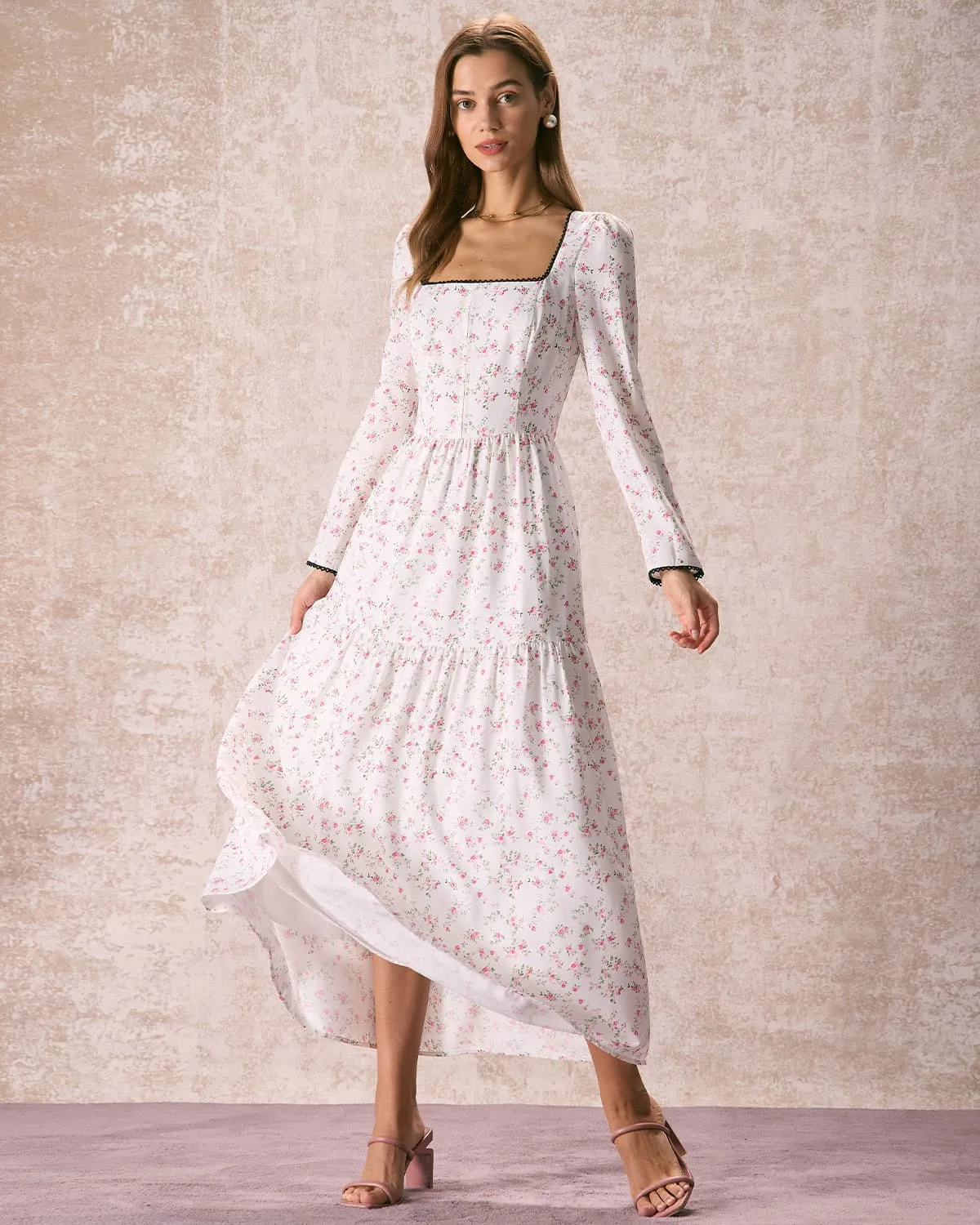 The White Square Neck Floral Maxi Dress sold by rihoas product image thumbnail 3