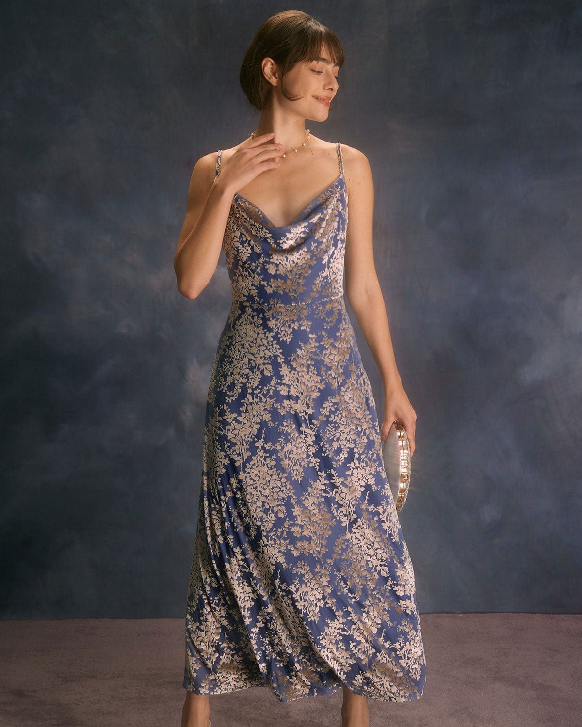 The Blue Cowl Neck Floral Burnout Maxi Dress sold by rihoas
