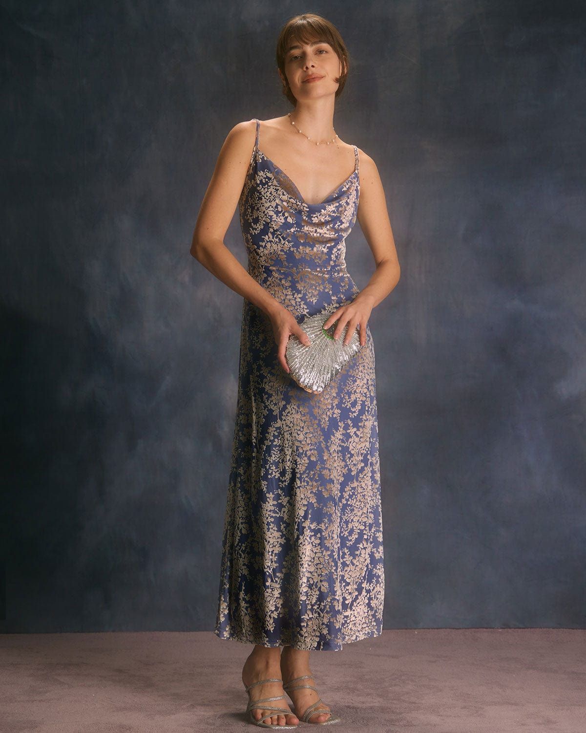 The Blue Cowl Neck Floral Burnout Maxi Dress sold by rihoas product image thumbnail 4