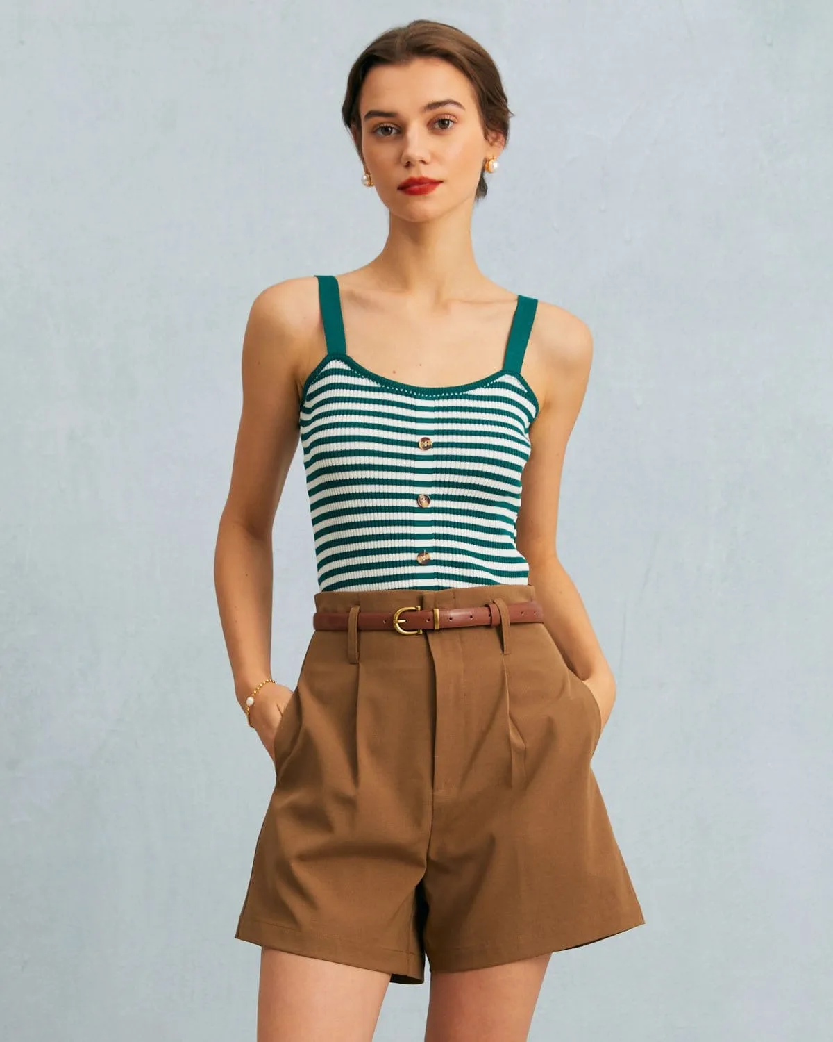 The Green U Neck Button Striped Knit Cami Top sold by rihoas product image thumbnail 2