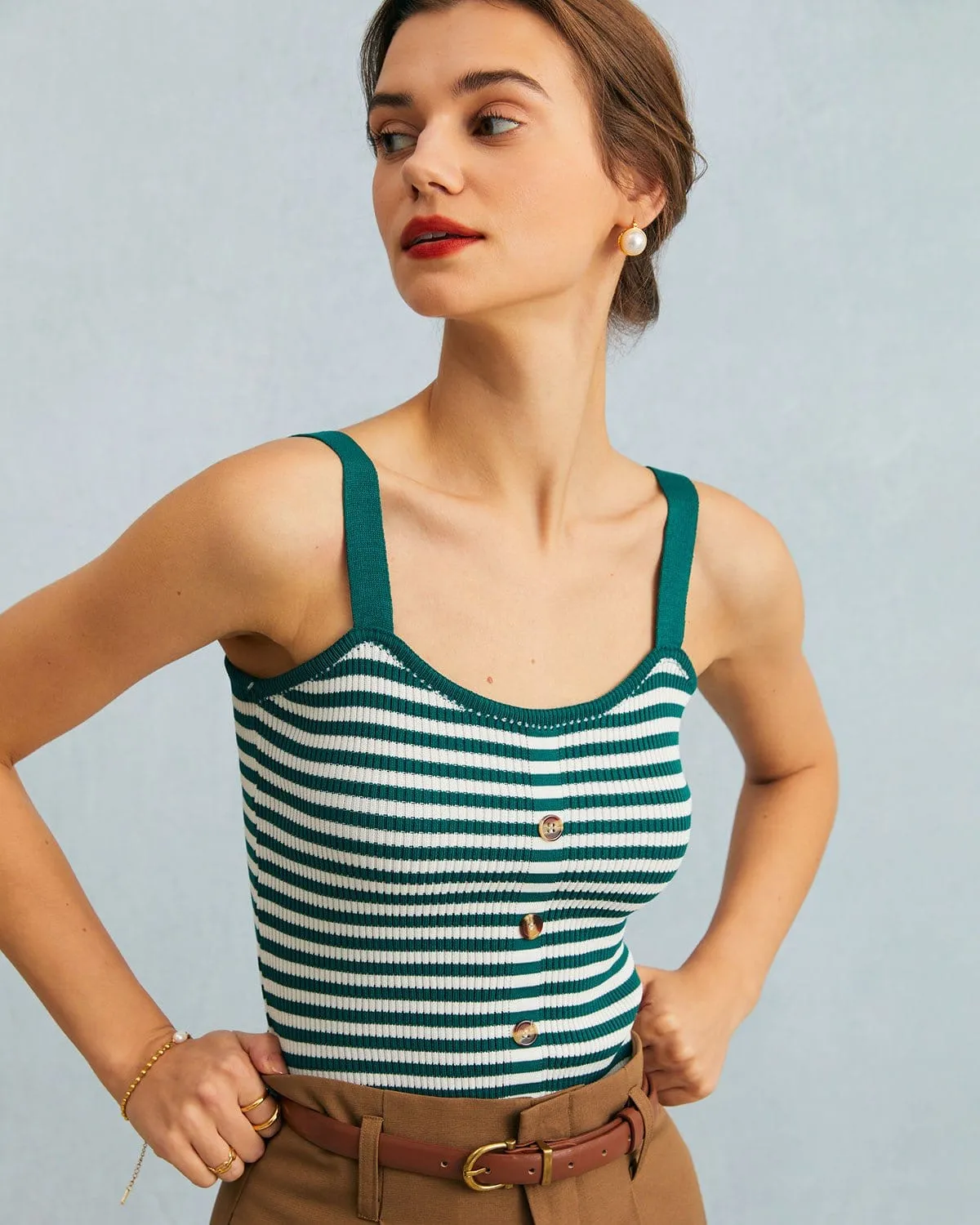 The Green U Neck Button Striped Knit Cami Top sold by rihoas