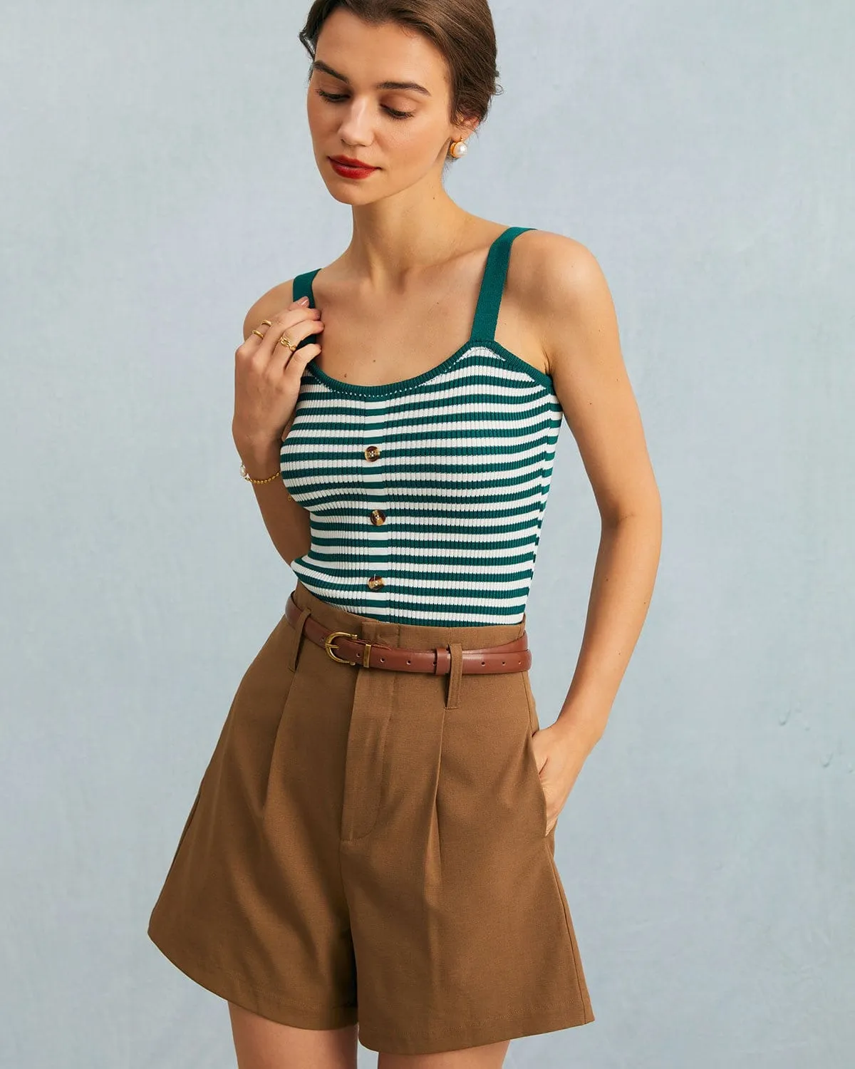The Green U Neck Button Striped Knit Cami Top sold by rihoas product image thumbnail 4