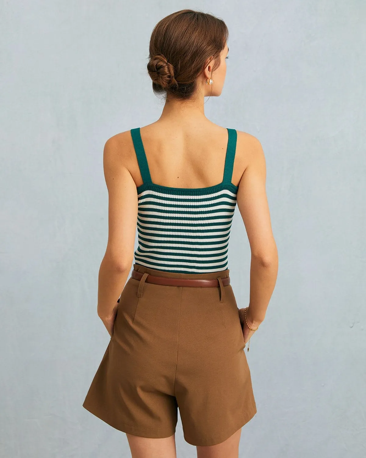 The Green U Neck Button Striped Knit Cami Top sold by rihoas product image thumbnail 3