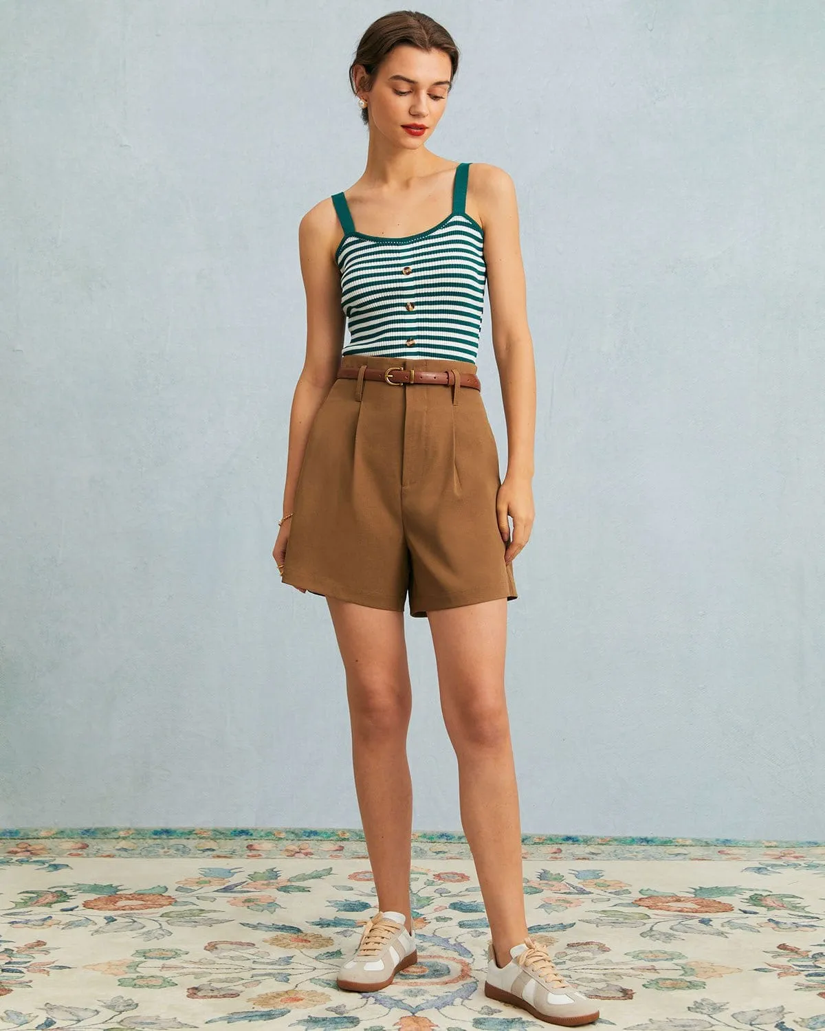 The Green U Neck Button Striped Knit Cami Top sold by rihoas product image thumbnail 5