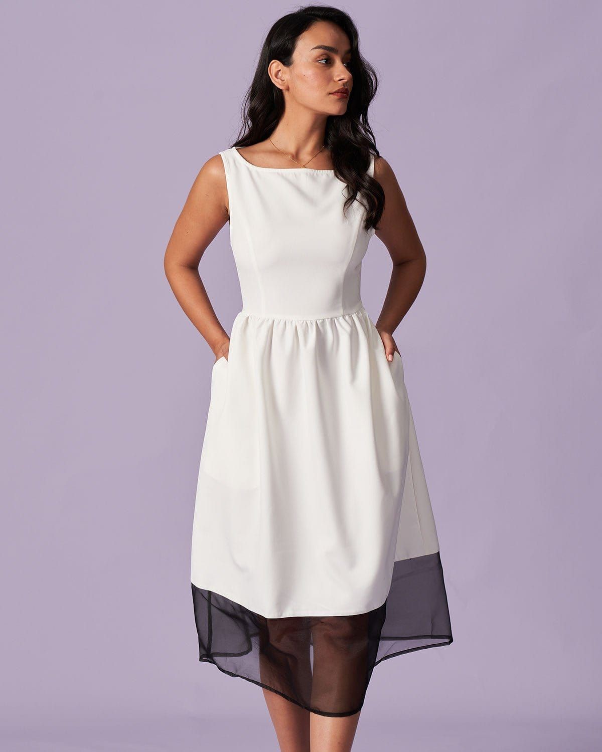 The White Round Neck Spliced Mesh Midi Dress sold by rihoas product image thumbnail 4