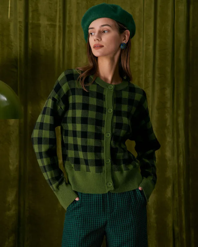 The Green Crew Neck Plaid Button Cardigan sold by rihoas