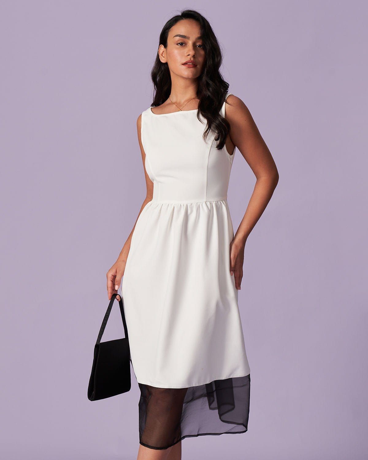 The White Round Neck Spliced Mesh Midi Dress sold by rihoas product image thumbnail 2