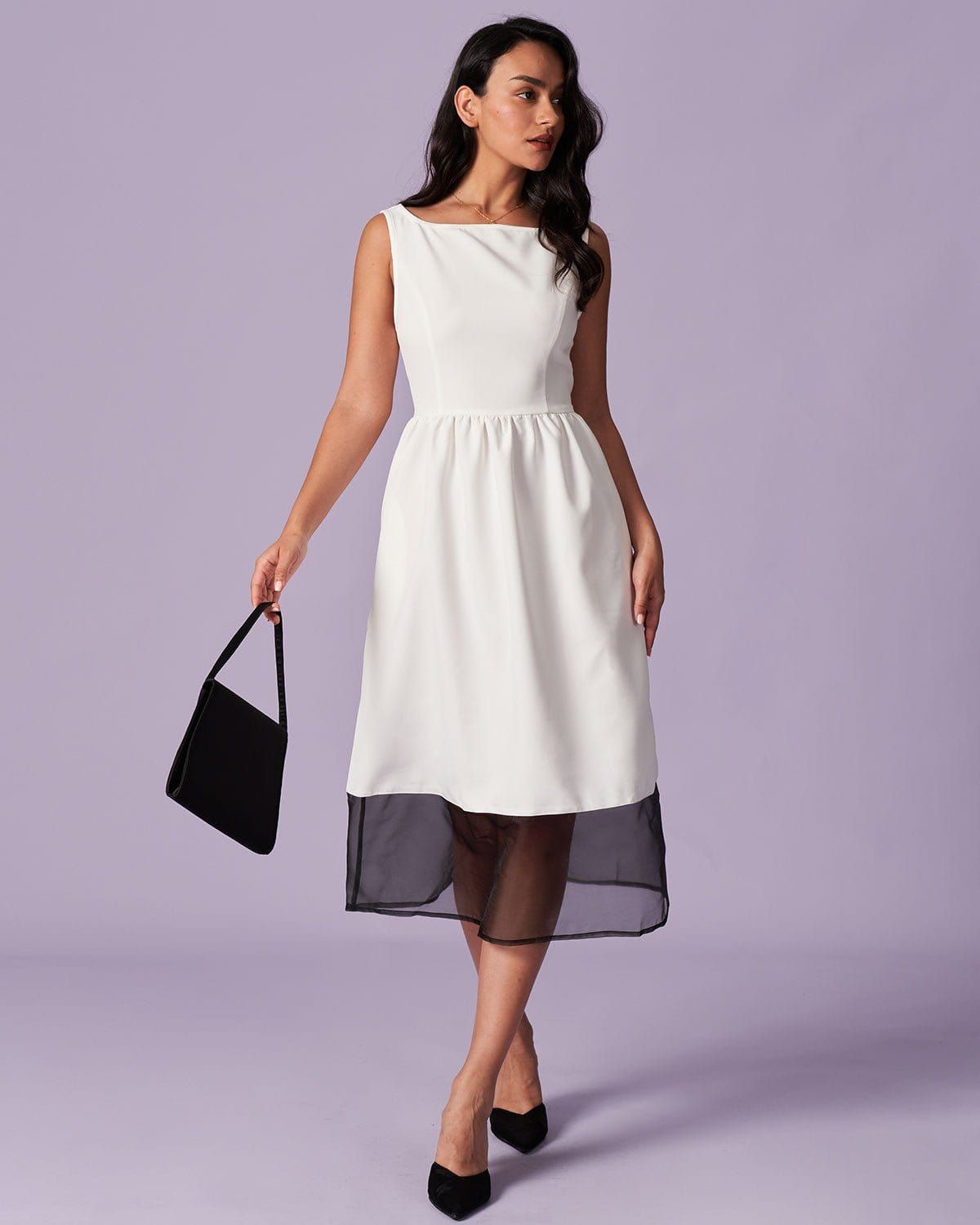 The White Round Neck Spliced Mesh Midi Dress sold by rihoas product image thumbnail 3