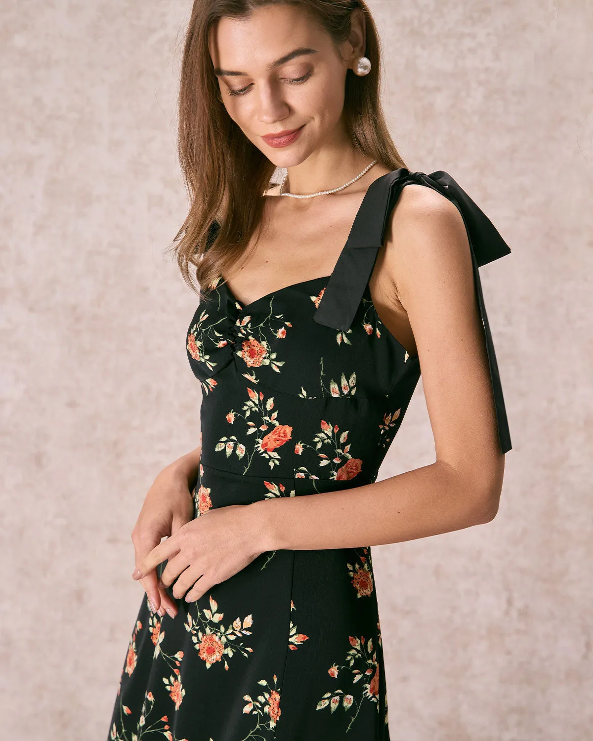 The Black Floral Ruched Tie Strap Slit Midi Dress sold by rihoas product image thumbnail 5