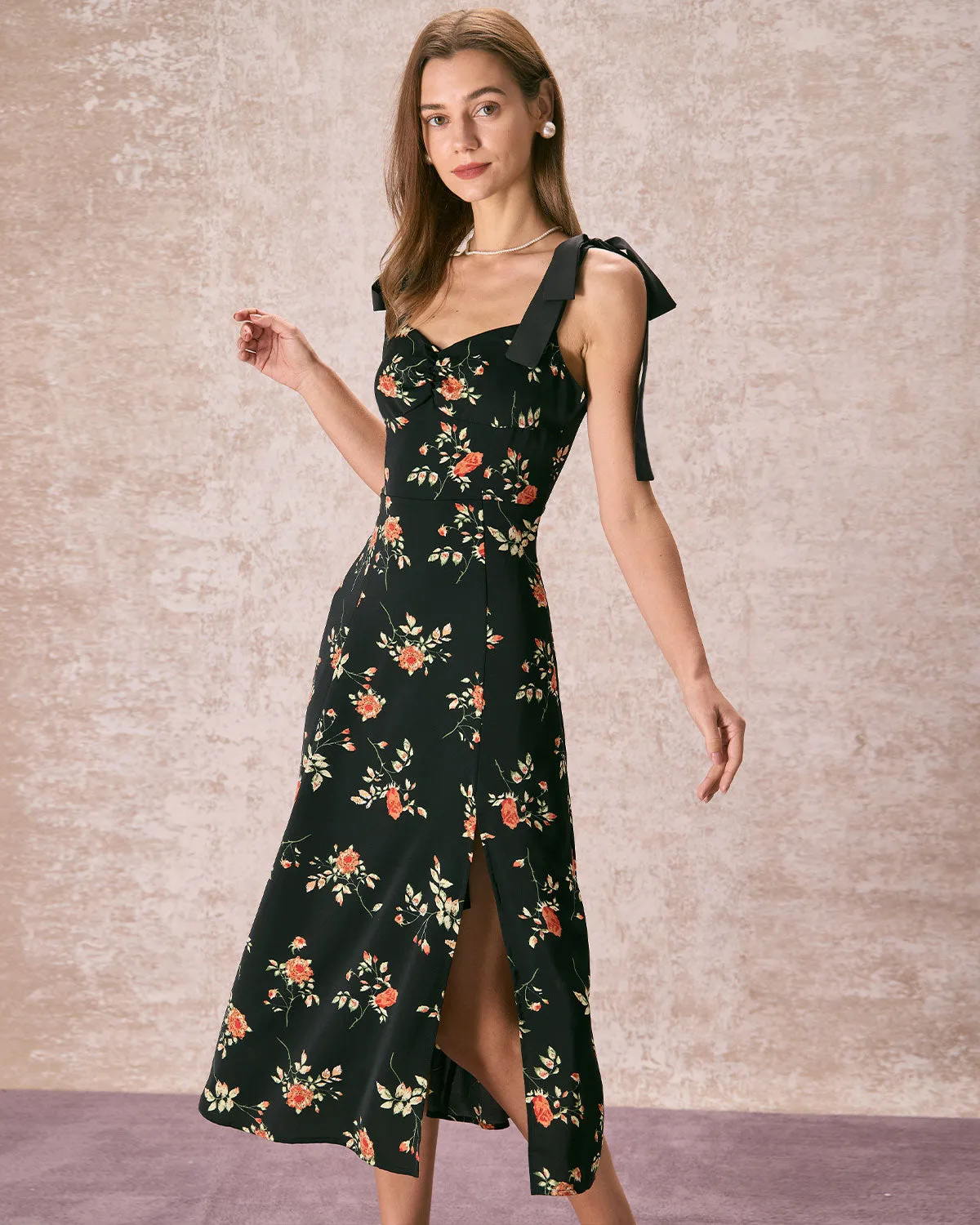 The Black Floral Ruched Tie Strap Slit Midi Dress sold by rihoas product image thumbnail 4