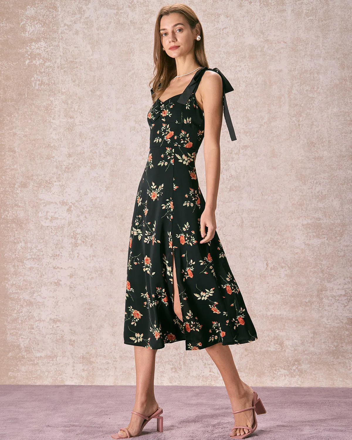 The Black Floral Ruched Tie Strap Slit Midi Dress sold by rihoas product image thumbnail 3