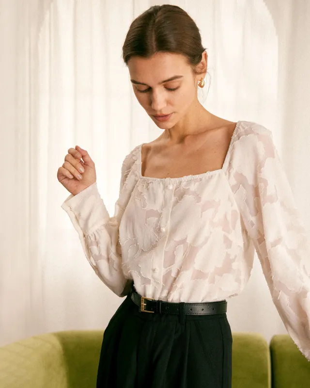 The Beige Square Neck Jacquard Blouse sold by rihoas