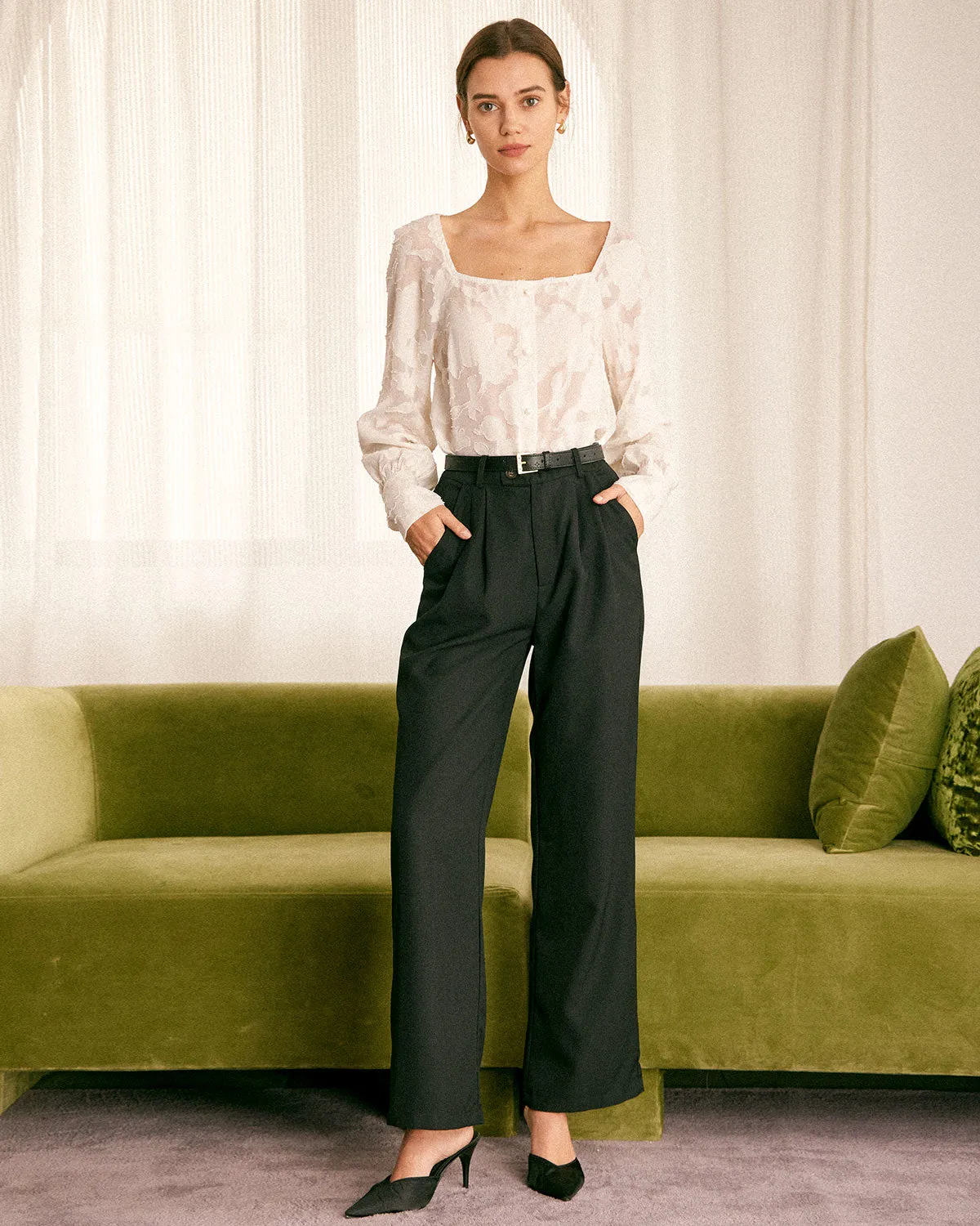 The Beige Square Neck Jacquard Blouse sold by rihoas product image thumbnail 2