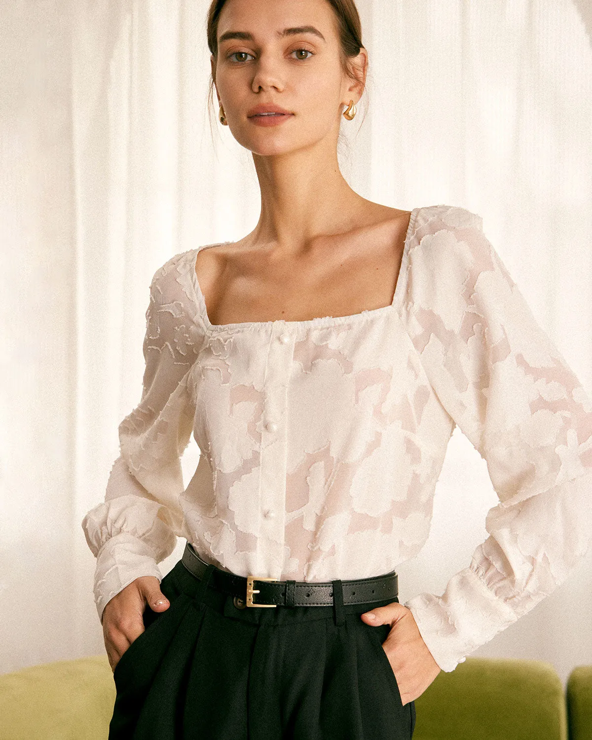 The Beige Square Neck Jacquard Blouse sold by rihoas product image thumbnail 3