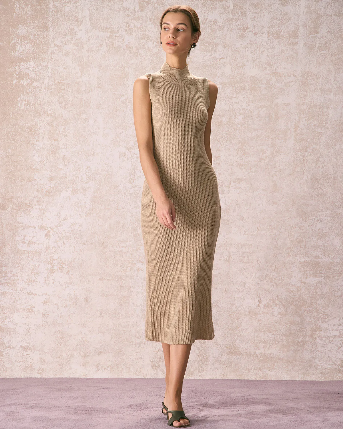 The Khaki Mock Neck Sweater Midi Dress sold by rihoas product image thumbnail 3