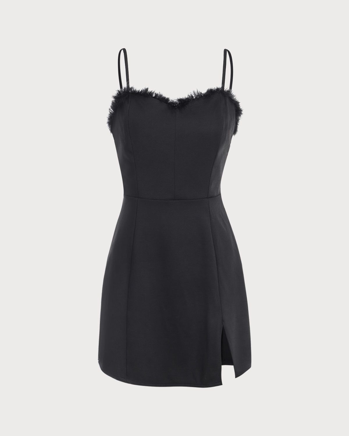 The Black Feather Trim Slit Mini Dress sold by rihoas