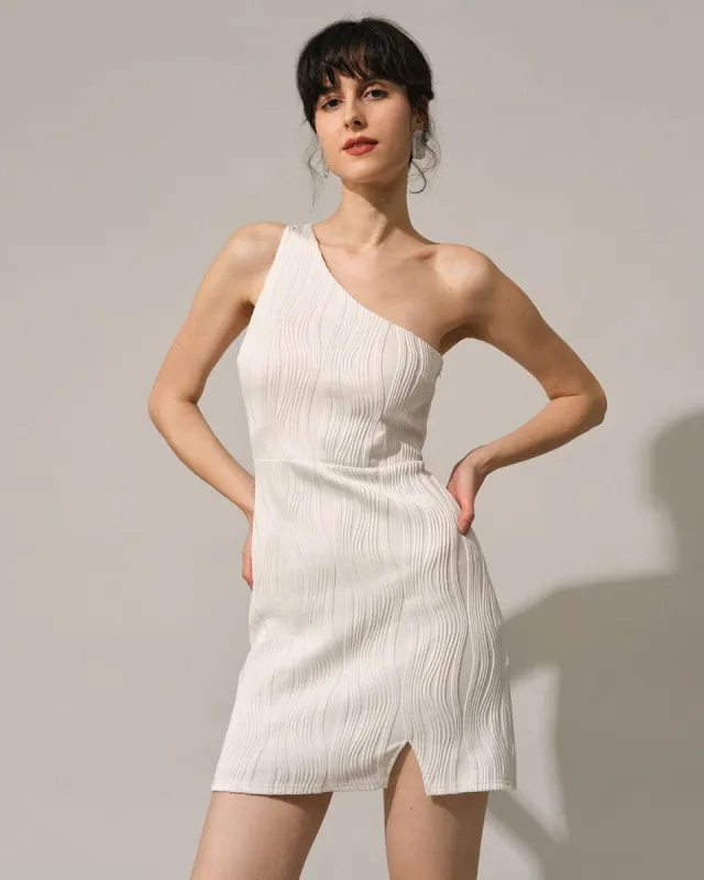 The White One-Shoulder Water Ripple Mini Dress sold by rihoas