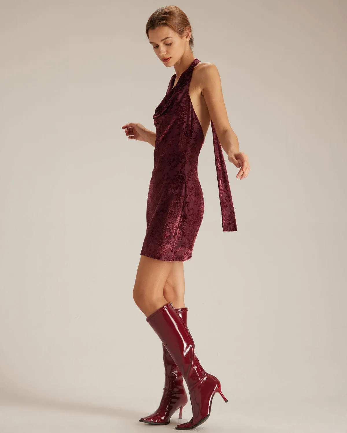 The Wine Red Halter Floral Burnout Mini Dress sold by rihoas product image thumbnail 5