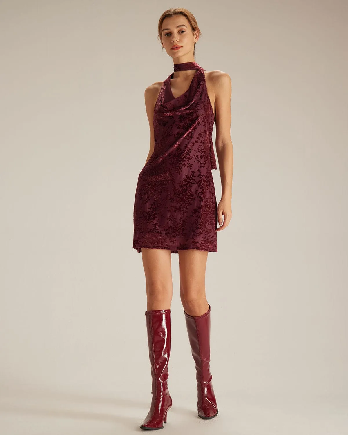 The Wine Red Halter Floral Burnout Mini Dress sold by rihoas product image thumbnail 2