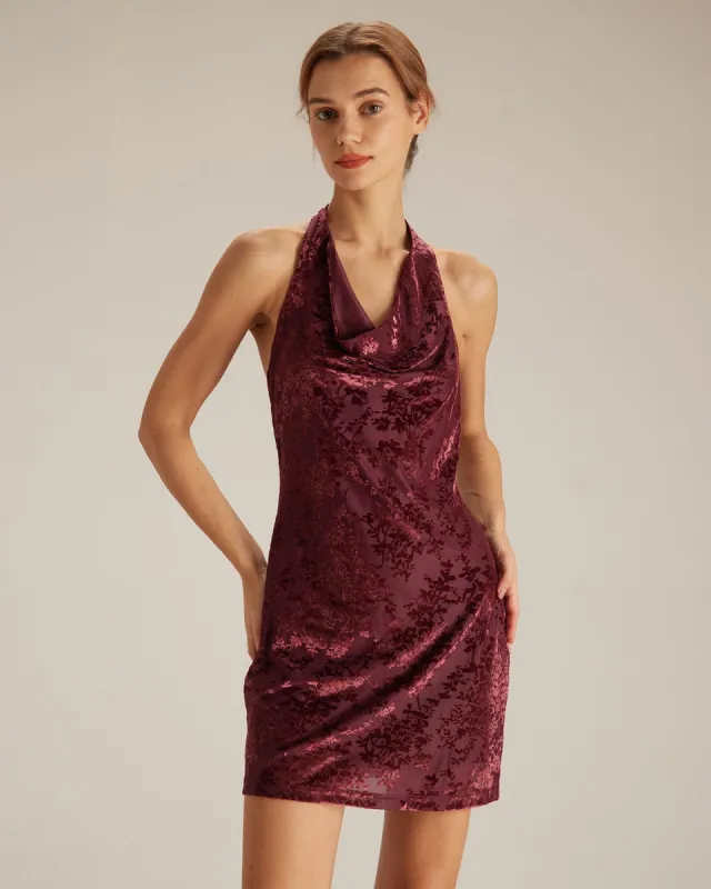 The Wine Red Halter Floral Burnout Mini Dress sold by rihoas