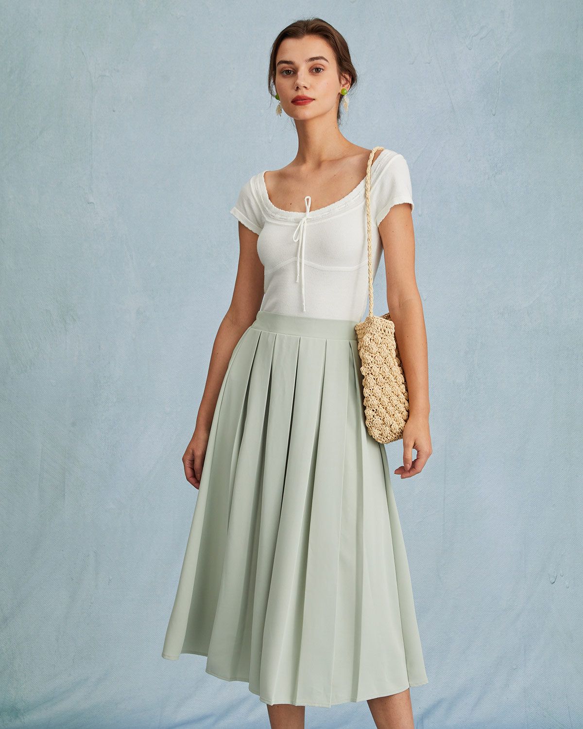 The Light Green High Waisted Pleated Skirt sold by rihoas product image thumbnail 4