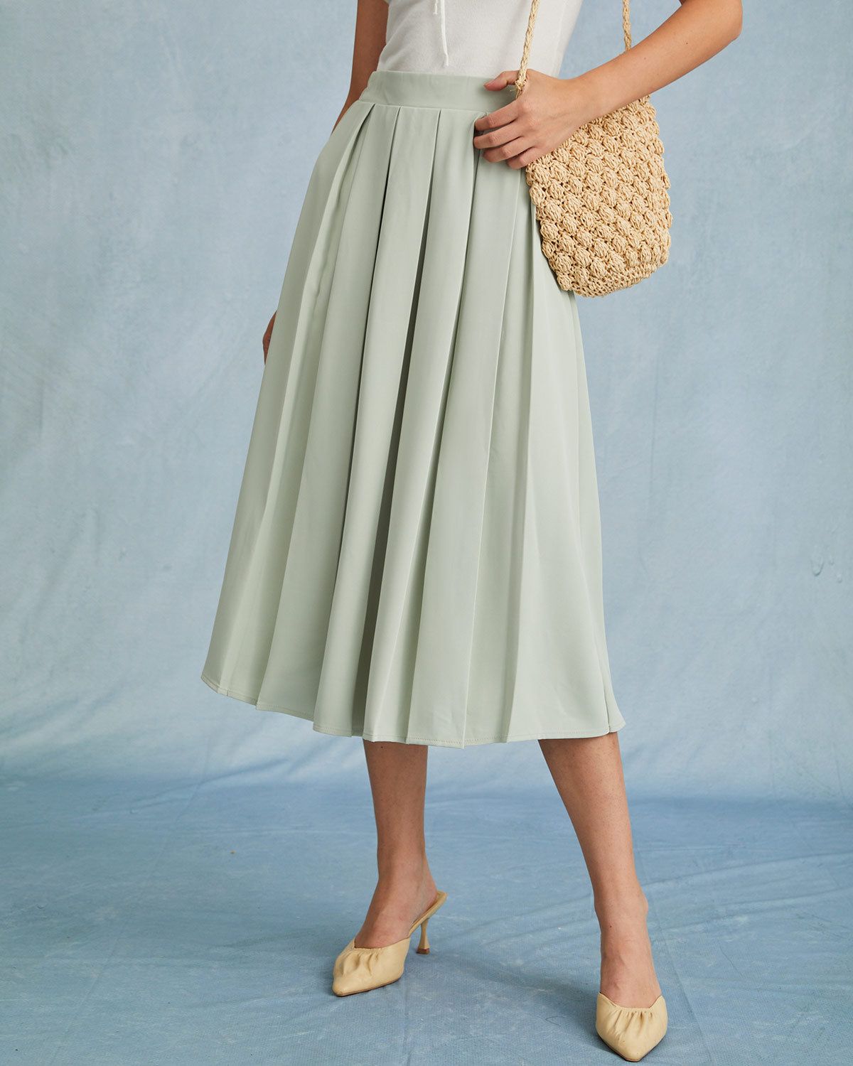 The Light Green High Waisted Pleated Skirt sold by rihoas