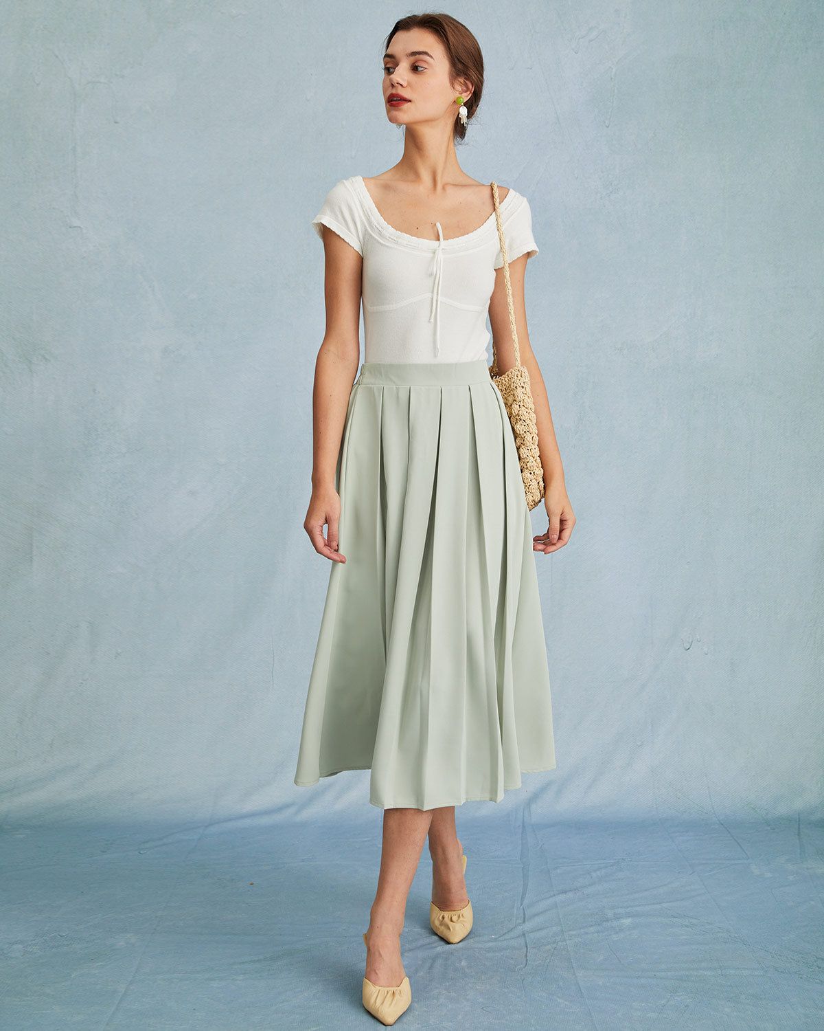 The Light Green High Waisted Pleated Skirt sold by rihoas product image thumbnail 2