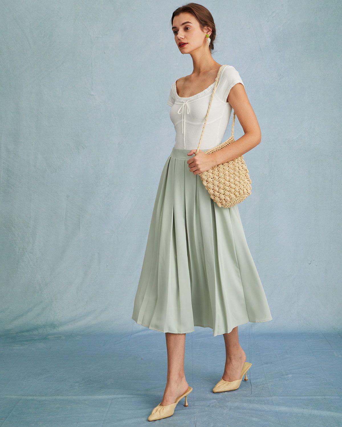 The Light Green High Waisted Pleated Skirt sold by rihoas product image thumbnail 5