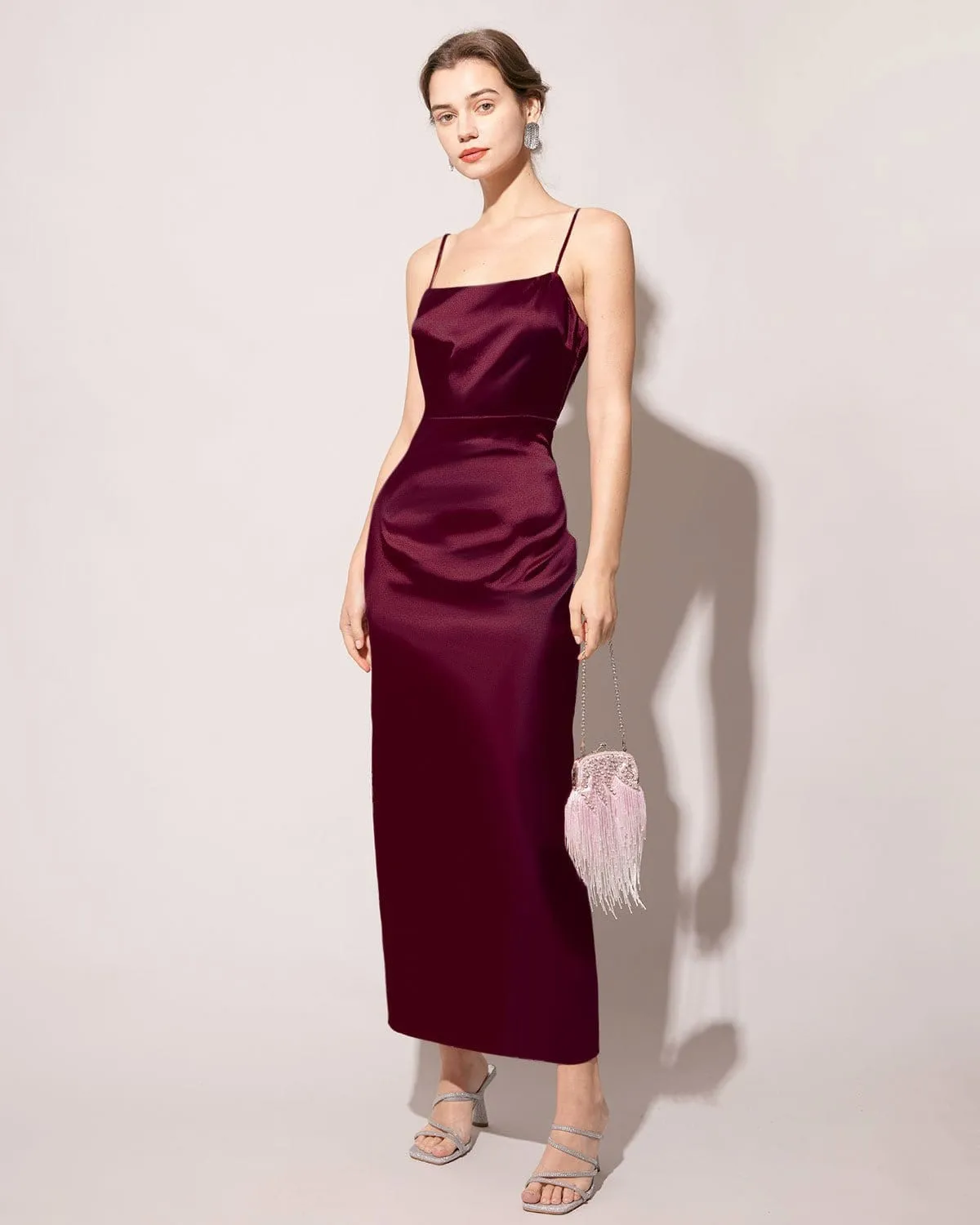 The Red Back Slit Satin Sling Maxi Dress sold by rihoas product image thumbnail 2