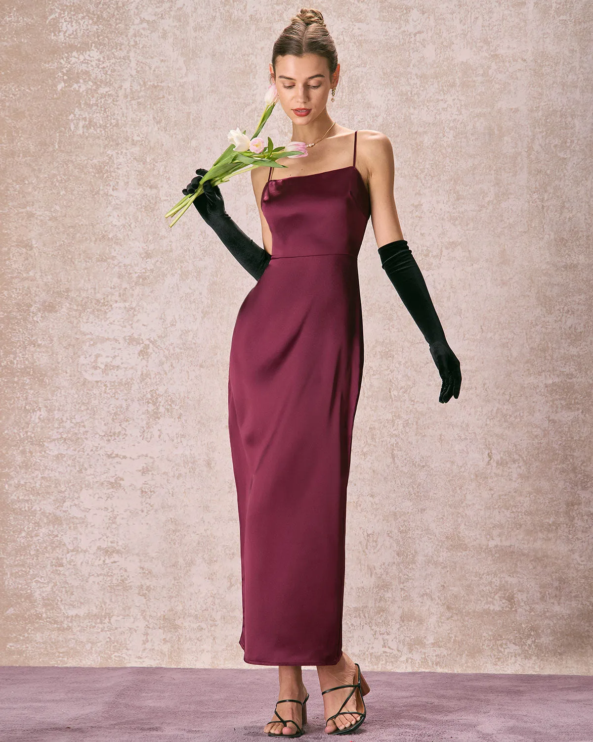 The Red Back Slit Satin Sling Maxi Dress sold by rihoas product image thumbnail 5