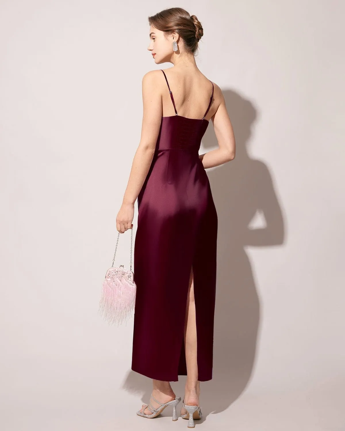 The Red Back Slit Satin Sling Maxi Dress sold by rihoas product image thumbnail 3