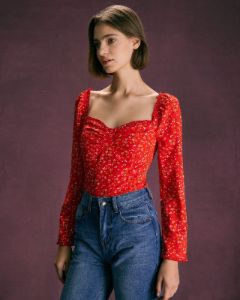 The Red Sweetheart Neck Floral Ruffle Blouse sold by rihoas