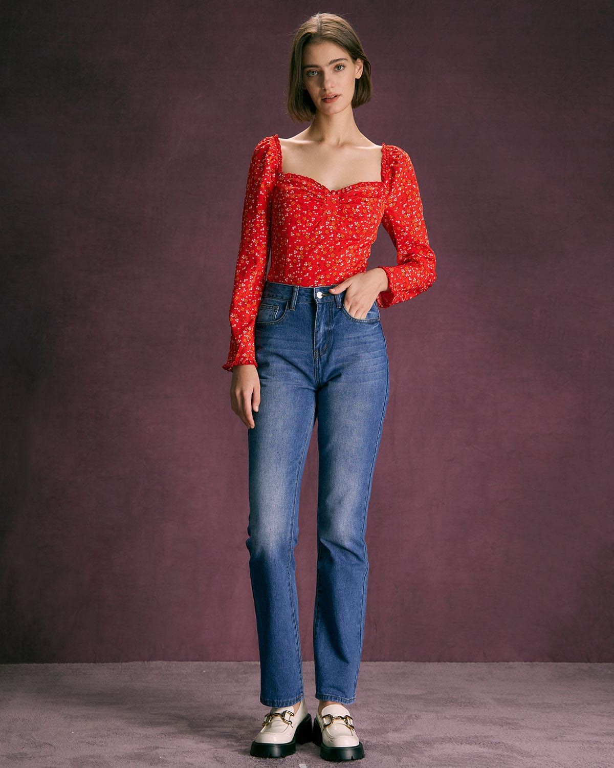 The Red Sweetheart Neck Floral Ruffle Blouse sold by rihoas product image thumbnail 2