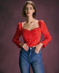 The Red Sweetheart Neck Floral Ruffle Blouse sold by rihoas