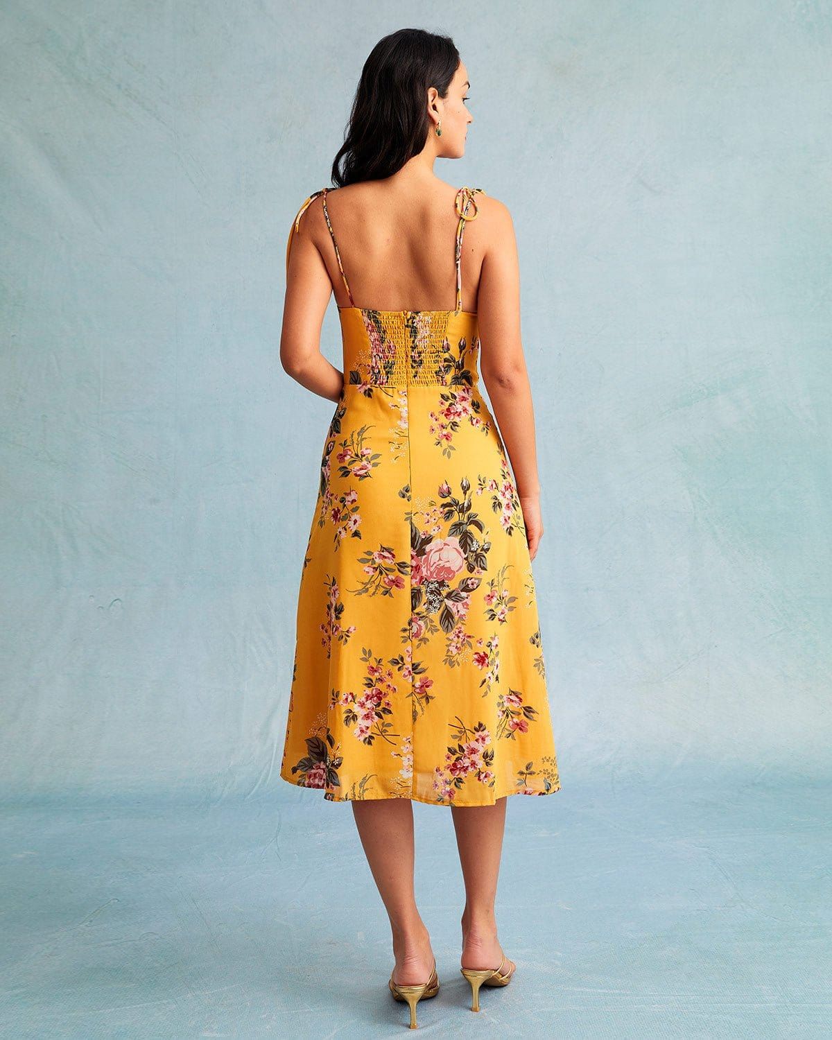 The Yellow Floral Slit Tie Shoulder Midi Dress sold by rihoas product image thumbnail 5