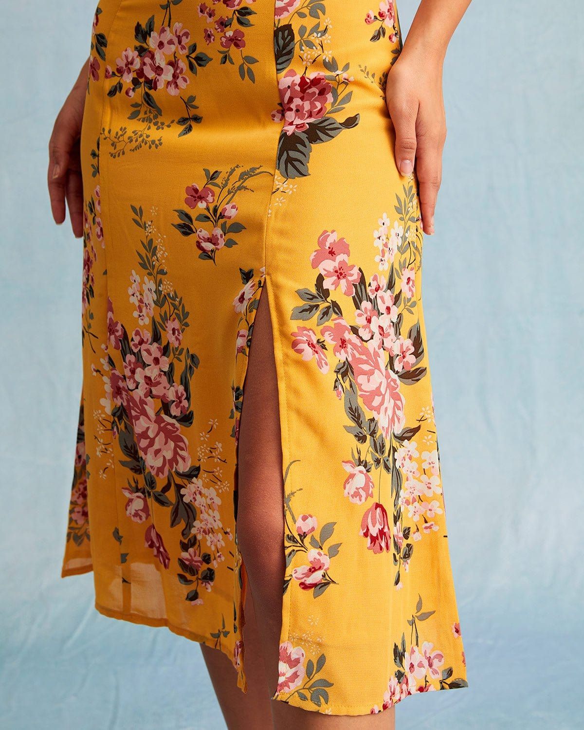 The Yellow Floral Slit Tie Shoulder Midi Dress sold by rihoas product image thumbnail 3