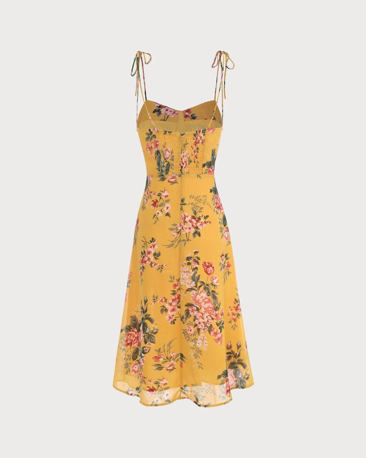 The Yellow Floral Slit Tie Shoulder Midi Dress sold by rihoas product image thumbnail 9
