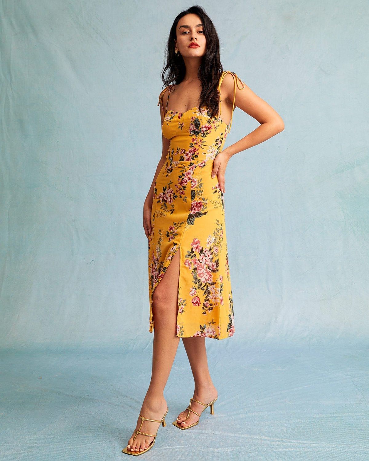 The Yellow Floral Slit Tie Shoulder Midi Dress sold by rihoas product image thumbnail 6