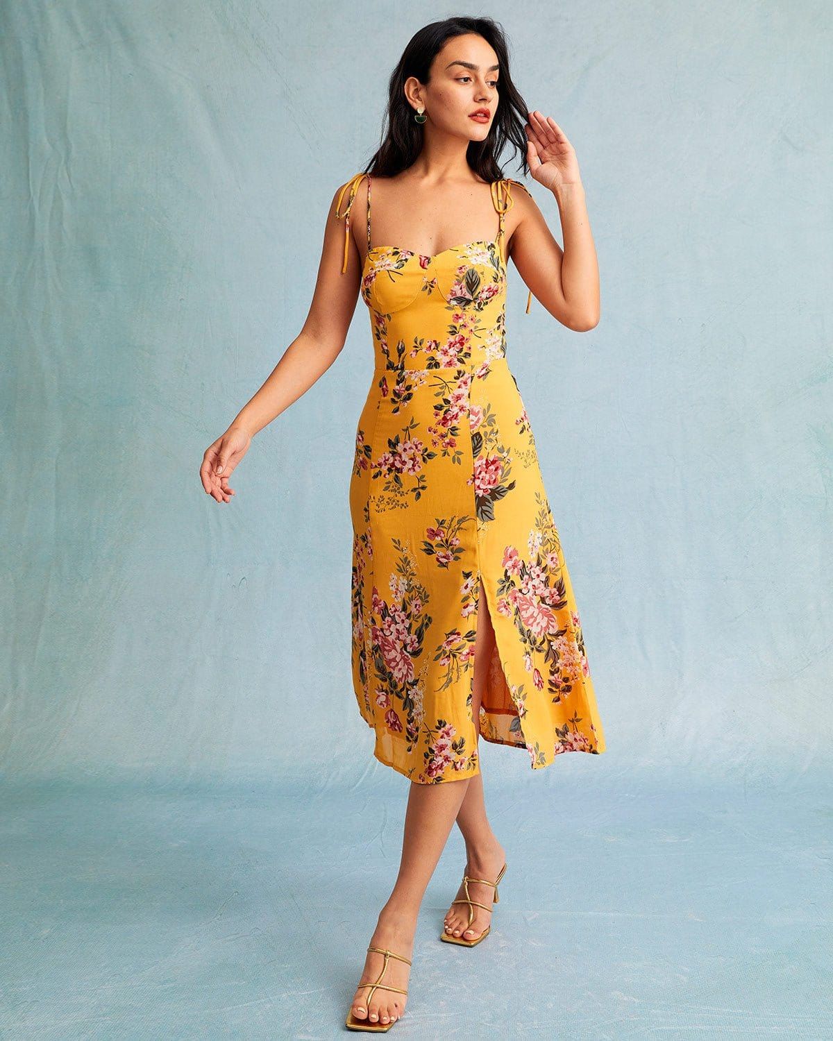 The Yellow Floral Slit Tie Shoulder Midi Dress sold by rihoas product image thumbnail 4