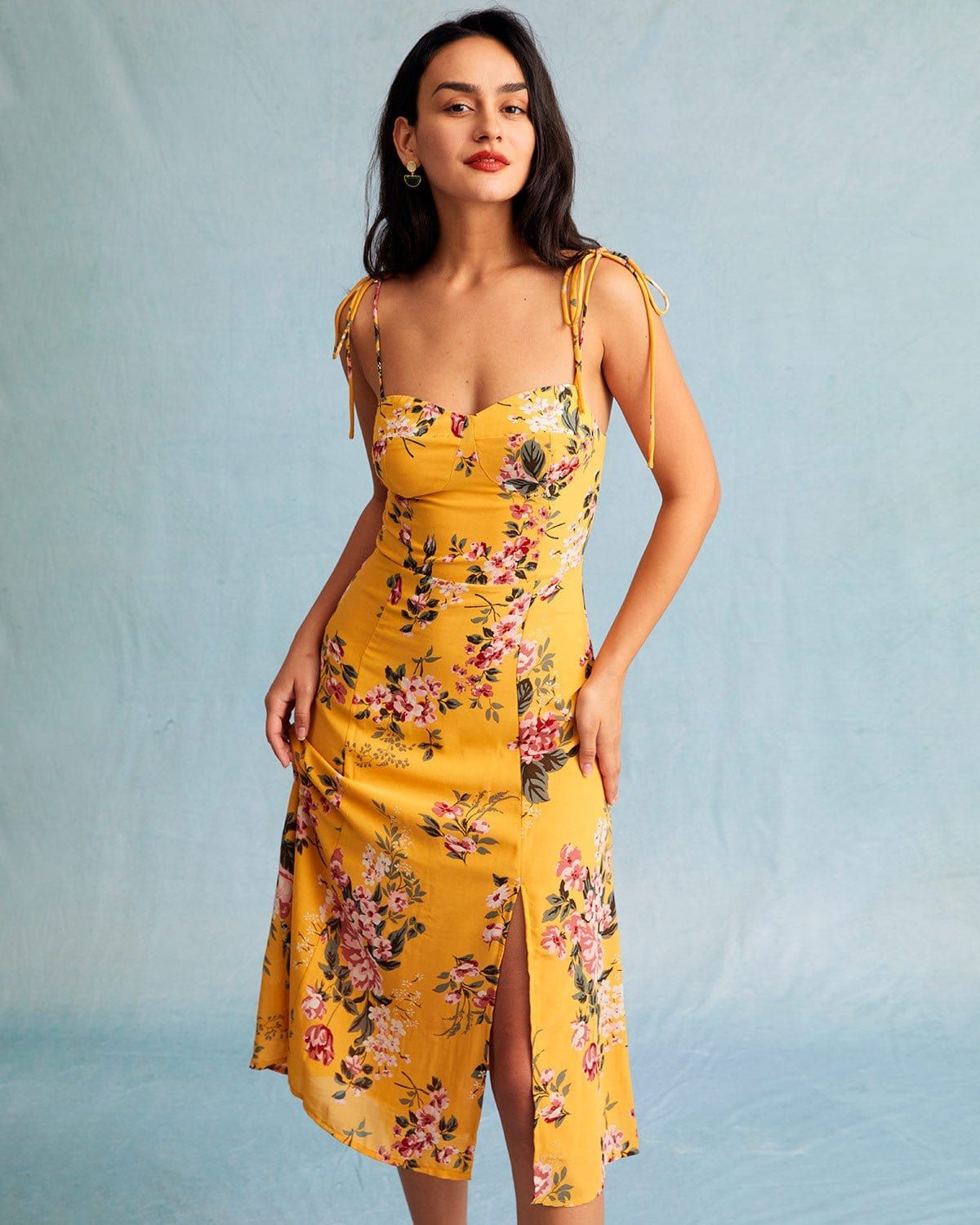 The Yellow Floral Slit Tie Shoulder Midi Dress sold by rihoas