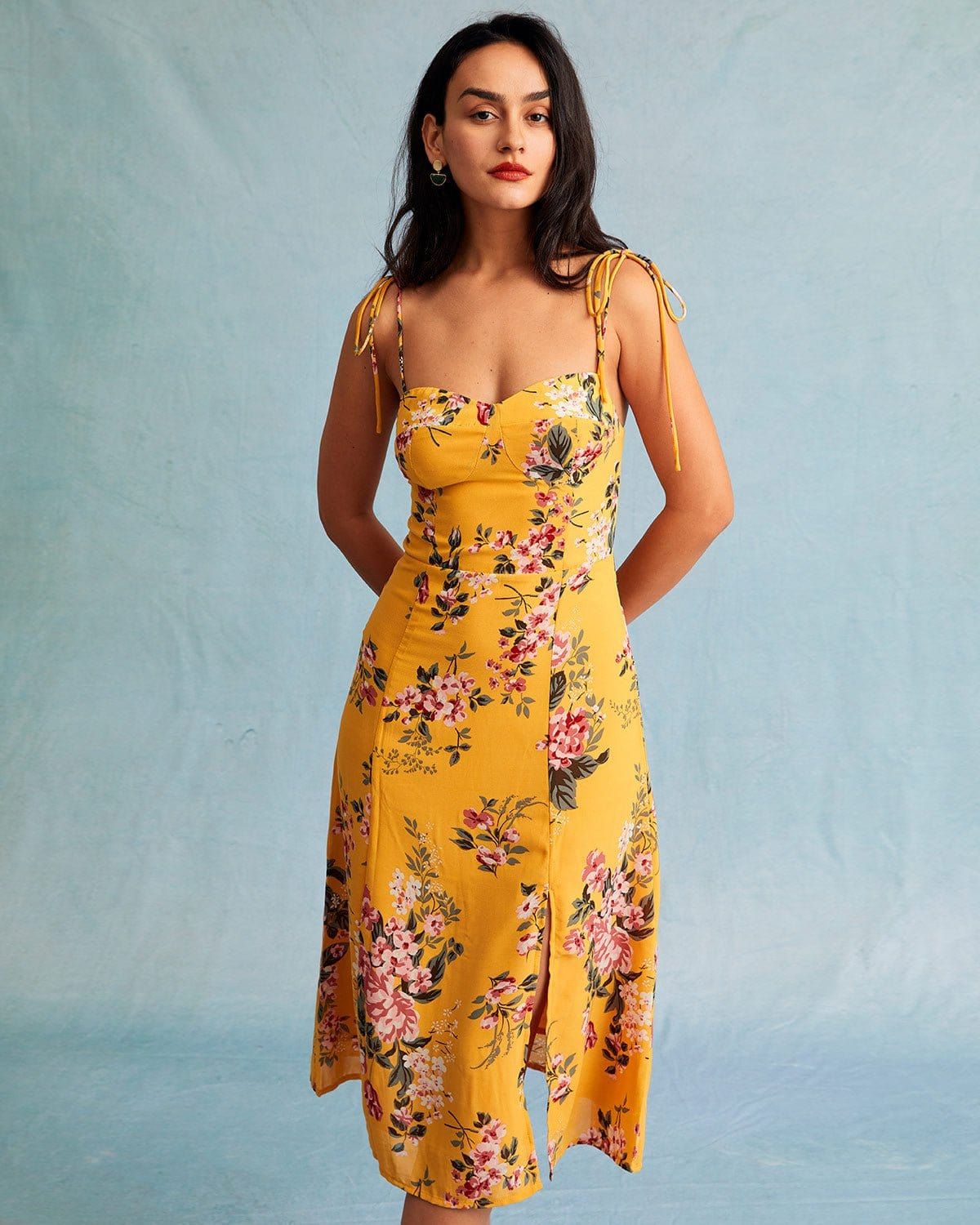 The Yellow Floral Slit Tie Shoulder Midi Dress sold by rihoas product image thumbnail 2