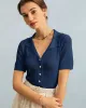 The Navy Collared Pointelle Knit Top sold by rihoas