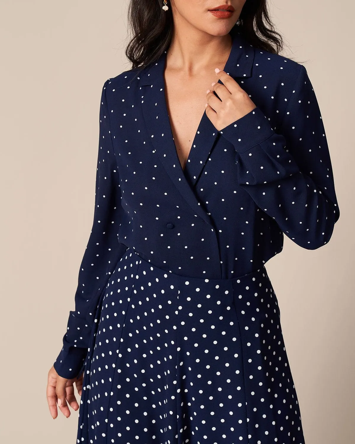 The Navy V Neck Polka Dot Button Up Shirt sold by rihoas product image thumbnail 4