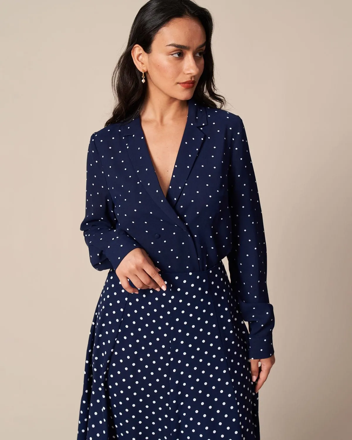 The Navy V Neck Polka Dot Button Up Shirt sold by rihoas