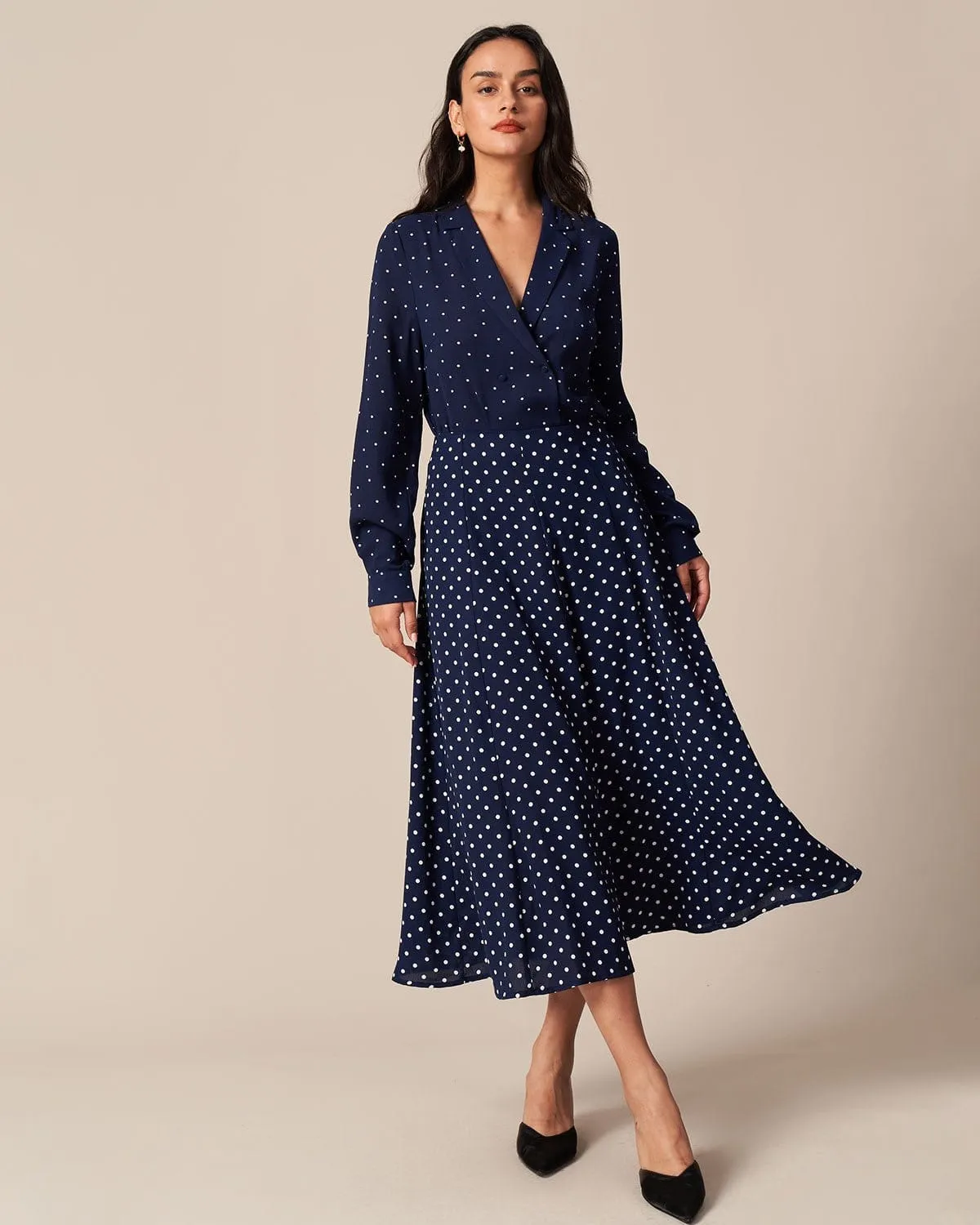 The Navy V Neck Polka Dot Button Up Shirt sold by rihoas product image thumbnail 2