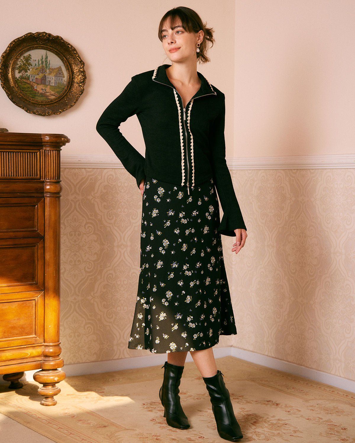 The Black High Waisted Daisy Midi Skirt sold by rihoas product image thumbnail 2