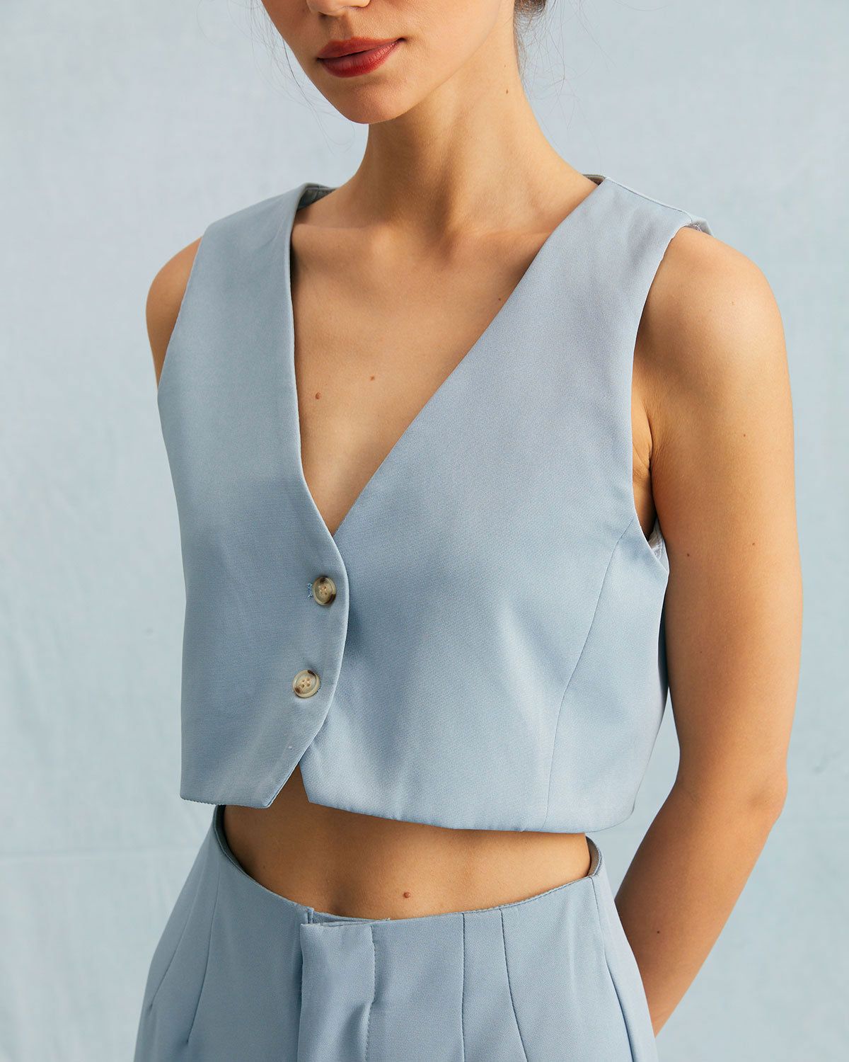 The Blue V Neck Ribbed Button Pointelle Knit Vest sold by rihoas product image thumbnail 2