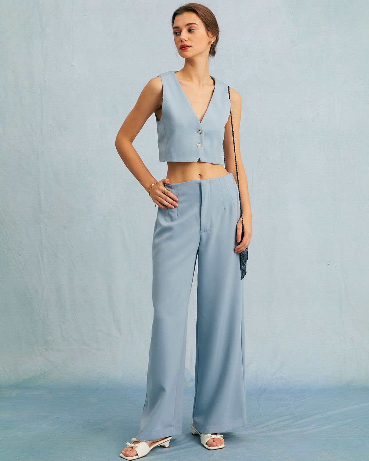 The Blue V Neck Ribbed Button Pointelle Knit Vest sold by rihoas product image thumbnail 3