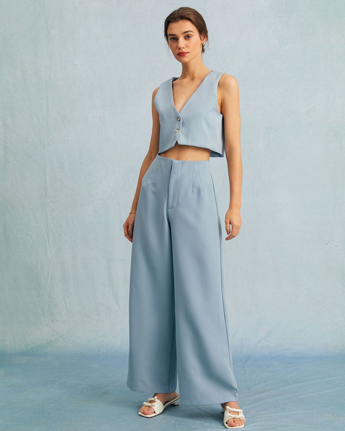 The Blue V Neck Ribbed Button Pointelle Knit Vest sold by rihoas product image thumbnail 4