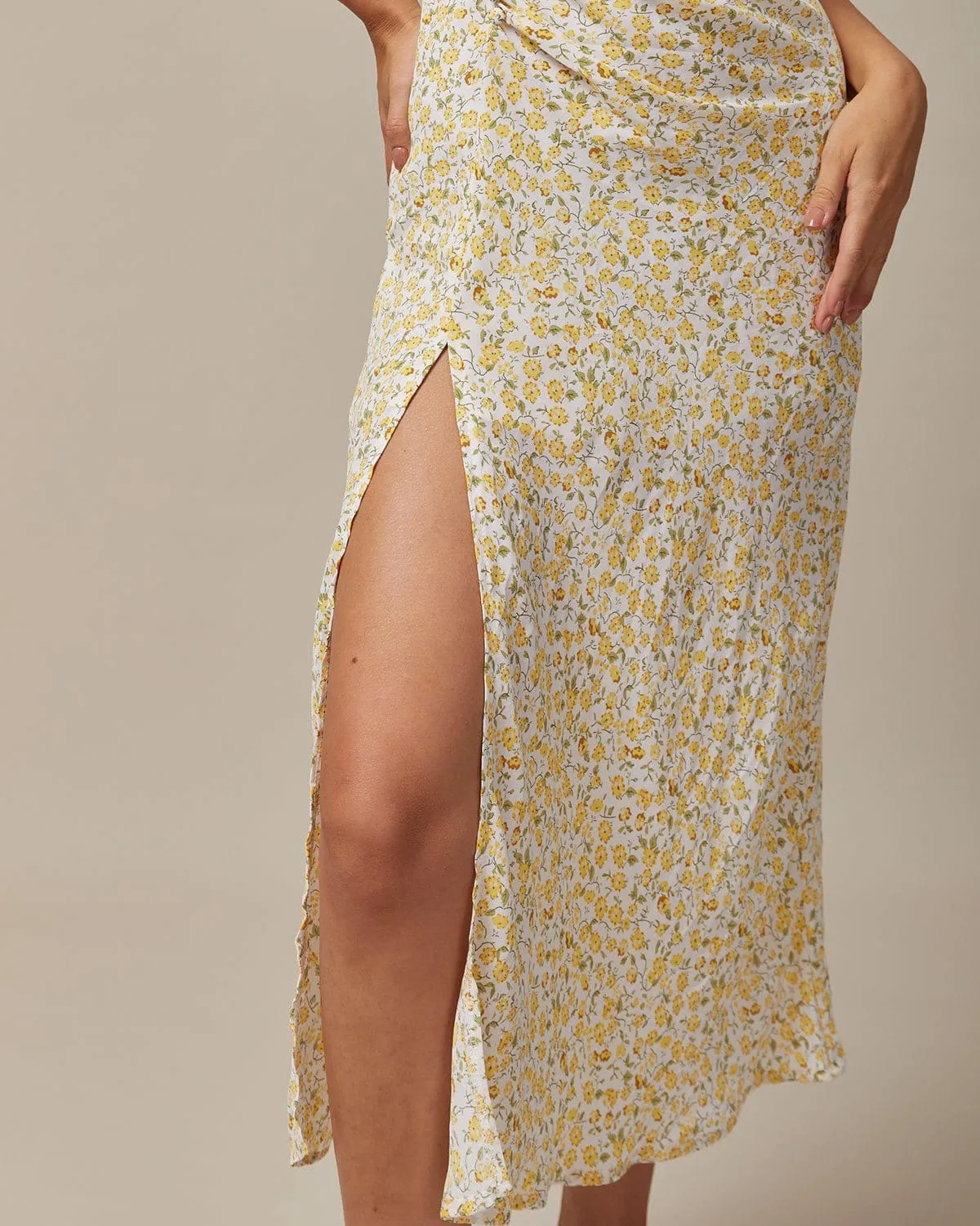 The Yellow Round Neck Floral Midi Dress sold by rihoas product image thumbnail 5